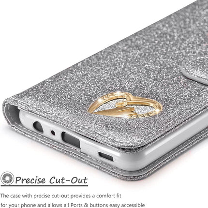 Galaxy S25 Plus, Premium Shiny Bling Glitter Loving Heart Book Flip Stand Wallet Card Phone Case + FREE 6D Tempered Glass Screen Protector