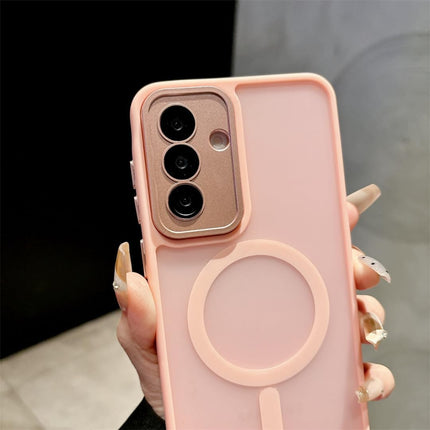 Pink phone case with a ring holder held by a hand against a blurred background for Samsung S25