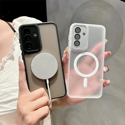 Two phone cases with magnetic charging pad and clear design held by a person for Samsung S25