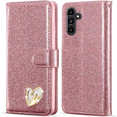 Rose gold glittery phone case with a heart design on a white background for Samsung S24