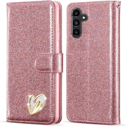 Rose gold glittery phone case with a heart design on a white background for Samsung S24