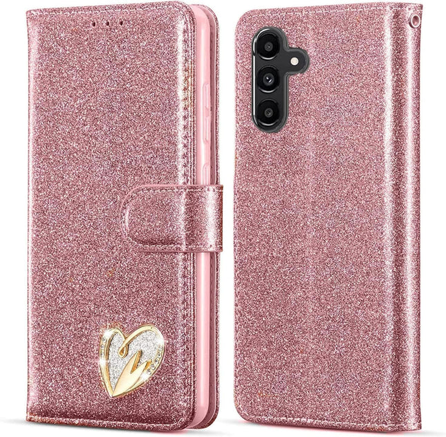 Rose gold glittery phone case with a heart design on a white background for Samsung S24