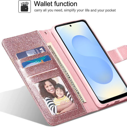Pink phone case with wallet functions and card slots, featuring a family photo for Samsung S24