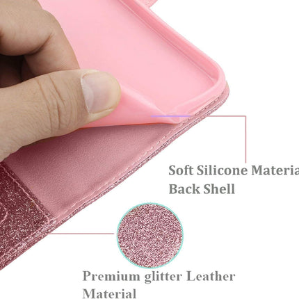 Pink phone case with soft silicone material back shell and premium glitter leather material, held by a hand for Samsung S24