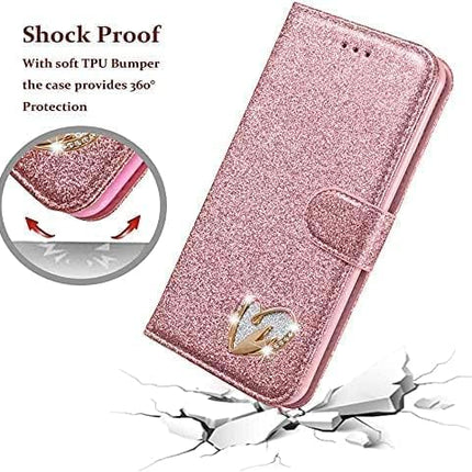 Pink glittery phone case with heart design and shock proof features on a white background for Samsung S24