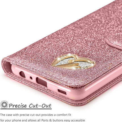 Pink glittery phone case with a heart design on a white background for Samsung S24