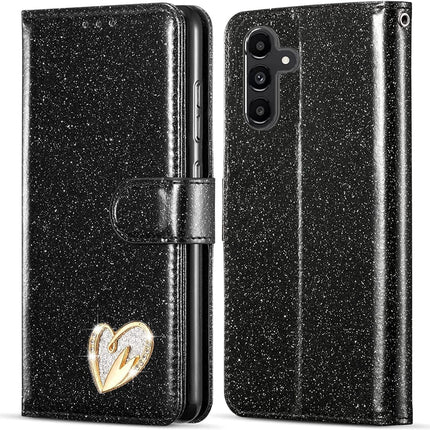 Black glittery phone case with a gold heart design on a white background  for Samsung S24