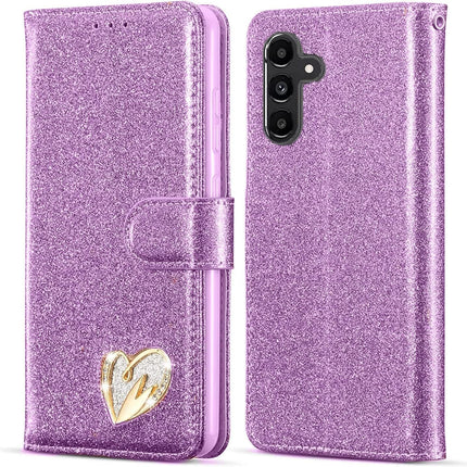 Purple glittery phone case with a heart design on a white background  for Samsung S24