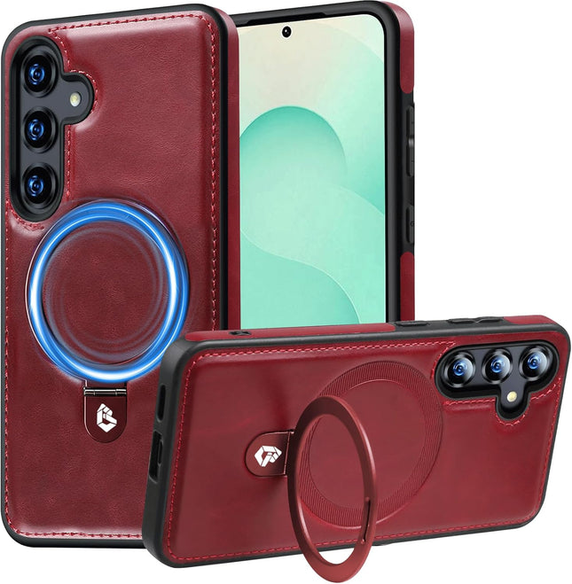 Red phone case with ring holder and phone on a white background