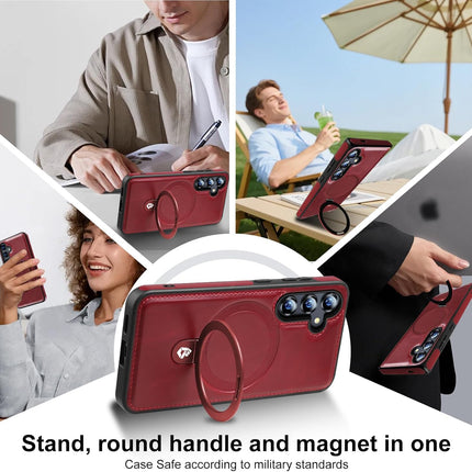 Red phone case with stand, round handle, and magnet feature in various use scenarios for Galaxy S25.