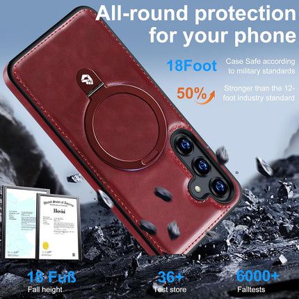 Red phone case with a ring holder on a rugged background, emphasizing durability and protection for Galaxy S25
