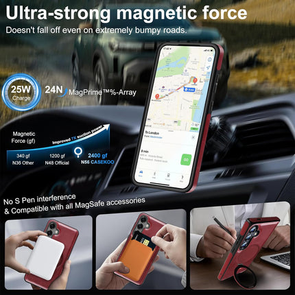 Phone holder with magnetic force feature on a car dashboard, showing compatibility with MagSafe accessories for Galaxy S25
