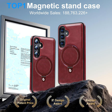 Red magnetic stand case for a phone with certification badges on a rock and sky background for Galaxy S25