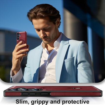 Man in light blue blazer using a red smartphone with a close-up of the phone case below for Galaxy S25