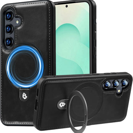 Black phone case with ring holder and blue light on a white background