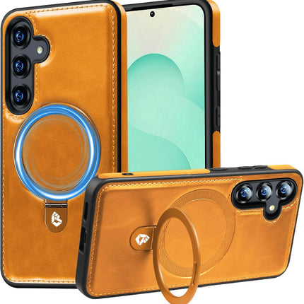 Brown phone case with ring holder and phone displaying screen for Galaxy S25