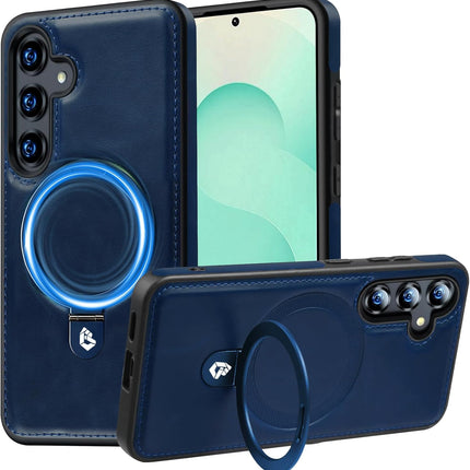 Blue phone case with ring holder and phone on a white background for Galaxy S25