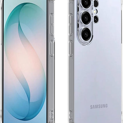 Samsung S26 Ultra smartphone with clear case on a white background