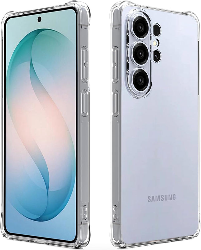 Samsung S26 Ultra smartphone with clear case on a white background