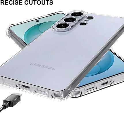 Samsung phone with clear case and charging cable on a white background for Samsung S26 Ultra