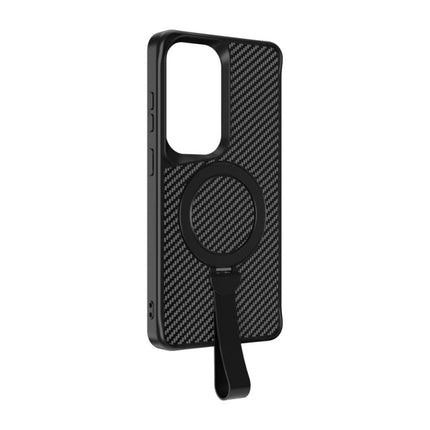 Galaxy S26 Ultra Hold and Stand Case  Black phone case with carbon fiber texture and a clip on a white background