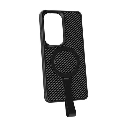 Galaxy S26 Ultra Hold and Stand Case  Black carbon fiber pattern phone case with a ring holder on a white background