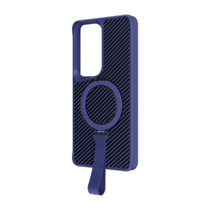 Galaxy S26 Ultra Hold and Stand Case  Blue phone case with carbon fiber texture on a white background
