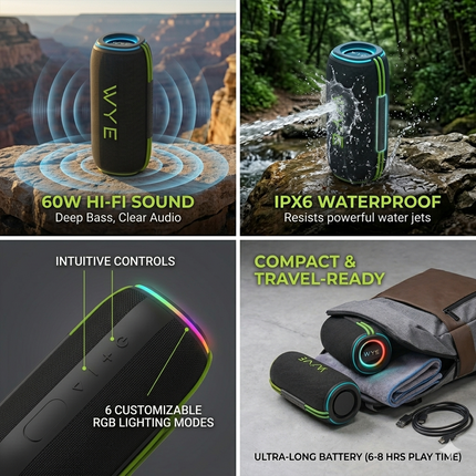60W High Fidelity Wireless Bluetooth Speaker – IPX6 Waterproof, Deep Bass Hi-Fi Sound, Φ93mm Driver, 8000mAh 8Hr Battery, 6 RGB Modes, TWS Stereo Pairing, USB-C, TF/USB/AUX, Hands-Free Calling – Portable Outdoor Speaker Black & Green (Y-SKR15)