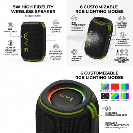 5W High Fidelity Wireless Bluetooth Speaker – IPX6 Waterproof, Deep Bass Hi-Fi Sound, 6 RGB Modes, 1-Hour Fast Charge USB-C, 6Hr Playtime, TWS Stereo Pairing, TF/USB/AUX, Hands-Free Calling – Compact Portable Outdoor Speaker Black (Y-SKR11)