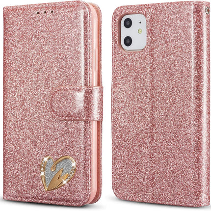 Glitter Flip Leather iPhone 11 Case with Card Slots & Kickstand – Magnetic Closure Wallet Cover (Rose Gold / Black / Purple) + FREE 6D Tempered Glass Screen Protector