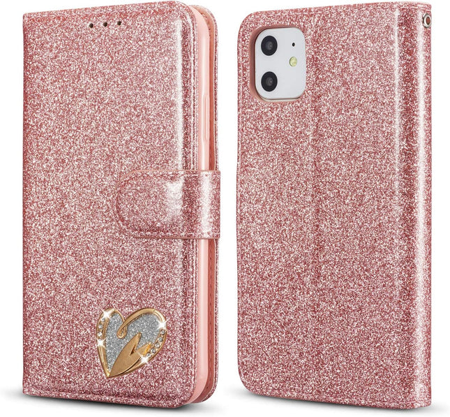 Glitter Flip Leather iPhone 11 Case with Card Slots & Kickstand – Magnetic Closure Wallet Cover (Rose Gold / Black / Purple) + FREE 6D Tempered Glass Screen Protector