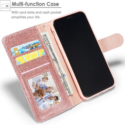 Glitter Flip Leather iPhone 11 Case with Card Slots & Kickstand – Magnetic Closure Wallet Cover (Rose Gold / Black / Purple) + FREE 6D Tempered Glass Screen Protector
