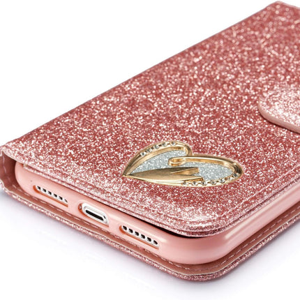 Glitter Flip Leather iPhone 11 Case with Card Slots & Kickstand – Magnetic Closure Wallet Cover (Rose Gold / Black / Purple) + FREE 6D Tempered Glass Screen Protector