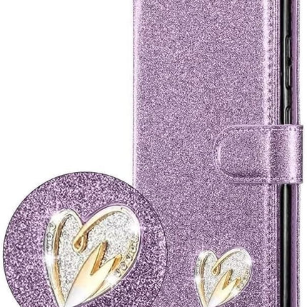 Glitter Flip Leather iPhone 11 Case with Card Slots & Kickstand – Magnetic Closure Wallet Cover (Rose Gold / Black / Purple) + FREE 6D Tempered Glass Screen Protector