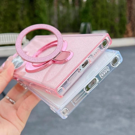 Samsung Galaxy S25 Ultra Case Glitter Sparkle Clear Fold Magnetic Metal Ring Stand Shockproof TPU Cover Electroplated Camera Frame MagSafe Compatible Wireless Charging for Women Girls + FREE 6D Tempered Glass Screen Protector