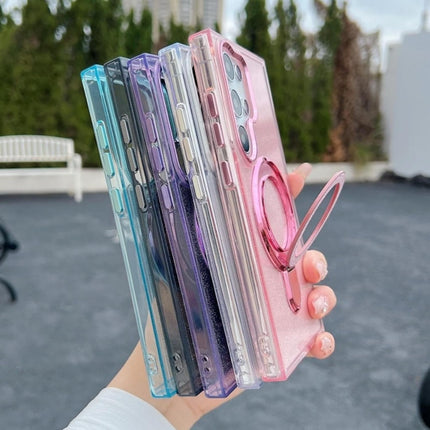 Samsung Galaxy S25 Ultra Case Glitter Sparkle Clear Fold Magnetic Metal Ring Stand Shockproof TPU Cover Electroplated Camera Frame MagSafe Compatible Wireless Charging for Women Girls + FREE 6D Tempered Glass Screen Protector
