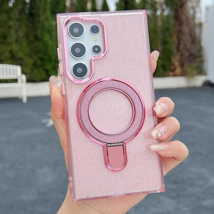 Samsung Galaxy S25 Ultra Case Glitter Sparkle Clear Fold Magnetic Metal Ring Stand Shockproof TPU Cover Electroplated Camera Frame MagSafe Compatible Wireless Charging for Women Girls + FREE 6D Tempered Glass Screen Protector