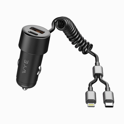 60W Dual-Port In-Car Charger With USEB-C & 8-Pin Built-in Cables (12-Months Warranty)