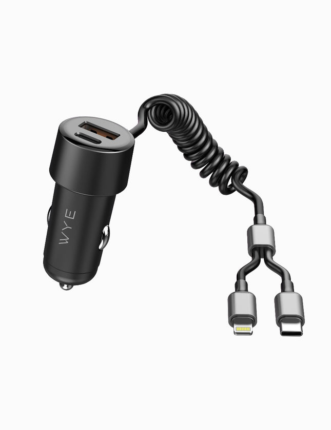 60W Dual-Port In-Car Charger With USEB-C & 8-Pin Built-in Cables (12-Months Warranty)