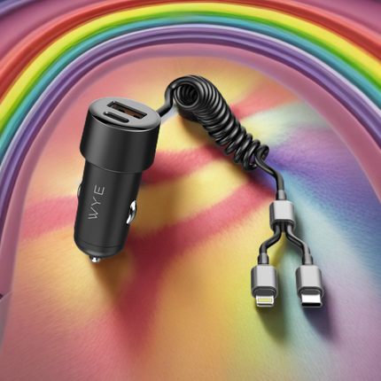 60W Dual-Port In-Car Charger With USEB-C & 8-Pin Built-in Cables (12-Months Warranty)