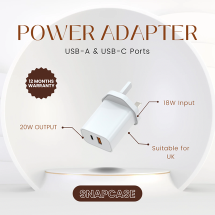 20W Power Adapter with USB-A & USB-C Ports (12 Months Warranty)