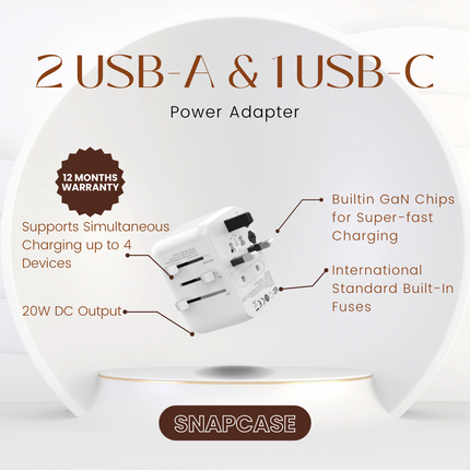 World Wide Travel Adapter with 2 USB-A & 1 USB-C Charging Ports (12 Months Warranty)