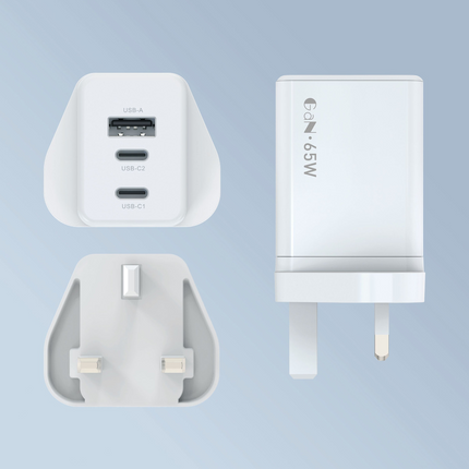 65W Power Adapter With 2 USB-C & 1 USB-A Ports (12 Months Warranty)