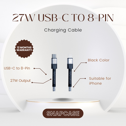 Aluminum Alloy & Braided USB-C to 8-Pin 27W Charging & Syncing Cable 1m (12 Months Warranty)