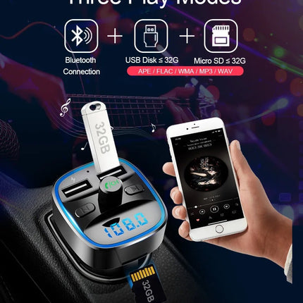 In-Car FM Bluetooth MP3 Player & Car Charger | Bluetooth 5.0 | Hands-Free Calling | Micro SD TF Card | USB Flash Drive | MP3 WMA WAV | 5V 2.4A USB Output | 12-24V | Model TG-FM1