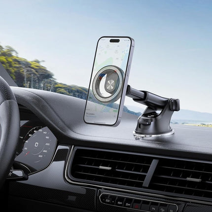 In-Car Magnetic Dashboard & Windshield Phone Holder – MagSafe Open-Ring Mount, Telescopic Extending Arm, PopSocket & Ring Holder Compatible, Suction Cup