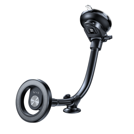 A black in-car magnetic dashboard and windshield long holder with a circular base and an adjustable neck for holding a mobile phone.