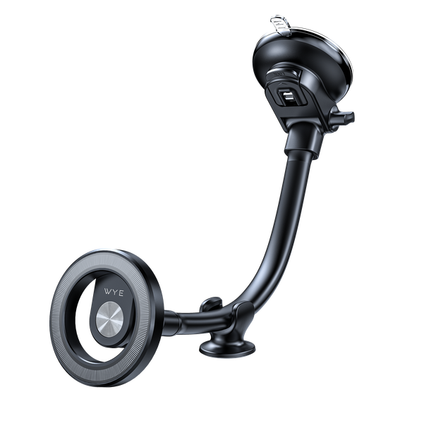 A black in-car magnetic dashboard and windshield long holder with a circular base and an adjustable neck for holding a mobile phone.