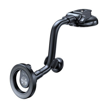 Car dashboard mount with adjustable arm and suction cup on white background