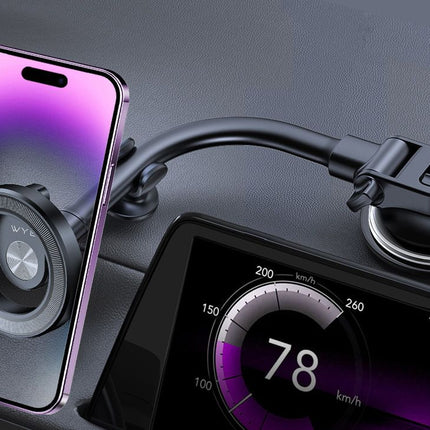 Phone holder on a car dashboard with a purple phone.